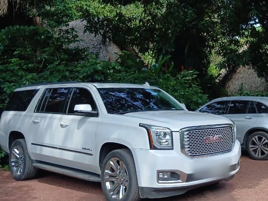 GMC Yukon Denali blanca estacionada bajo vegetación tropical junto a una palapa