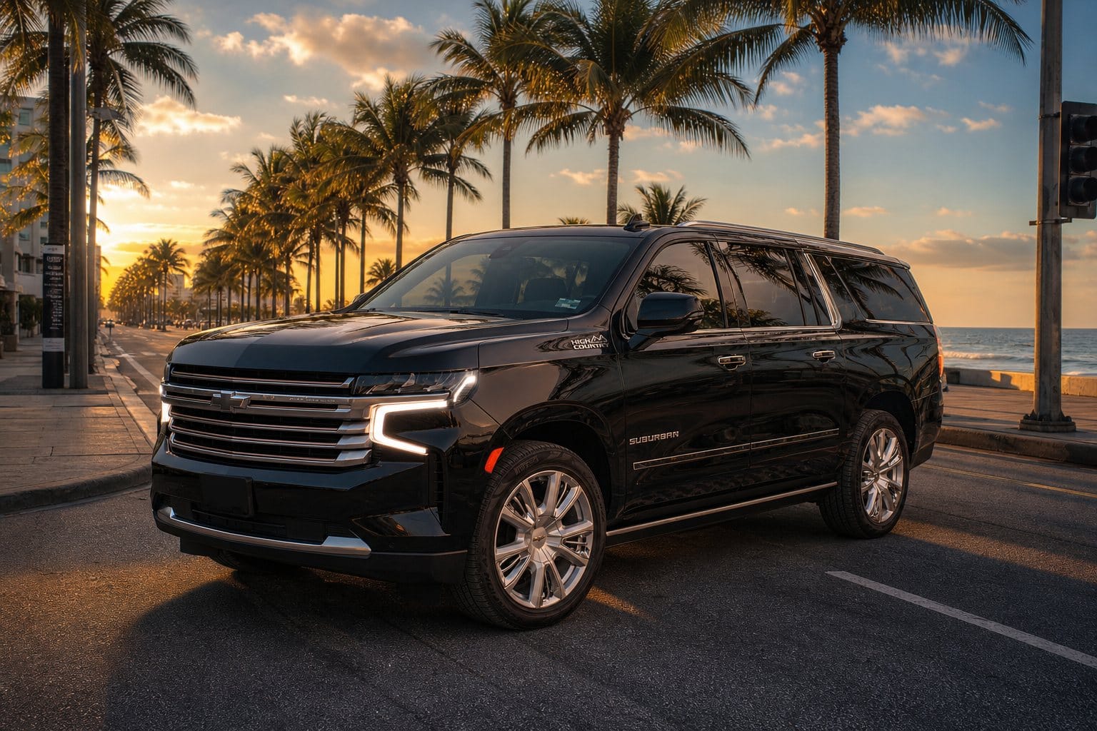 Black Chevrolet Suburban on a palm-lined seafront avenue at sunset